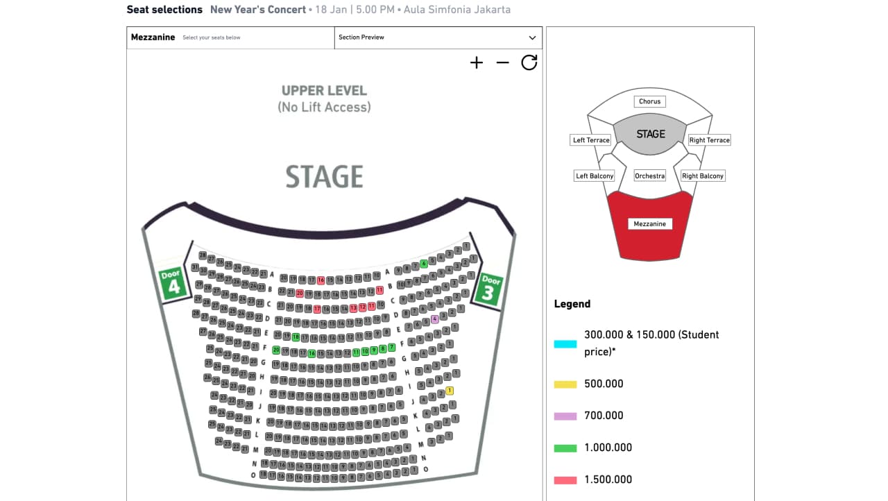 Seat selection page with a detailed seating layout.